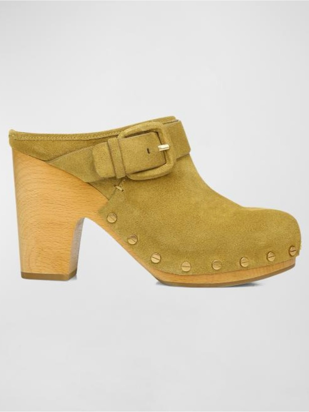 Veronica Beard Dacey Suede Clogs Olive Green Studded Buckle Heels Size 7M